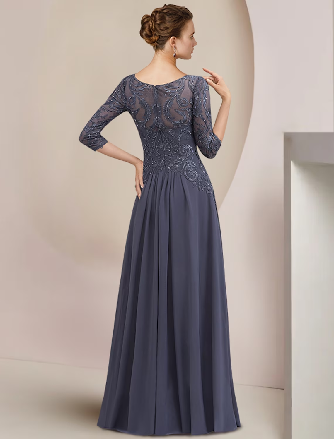 A-Line Mother of the Bride Dress Formal Elegant Scoop Neck Floor Length Tea Length Chiffon Lace Half Sleeve with Beading Appliques