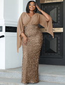 Mermaid / Trumpet Wedding Guest Dresses Plus Size Dress Cocktail Party Floor Length Long Sleeve V Neck Sequined with Glitter Slit