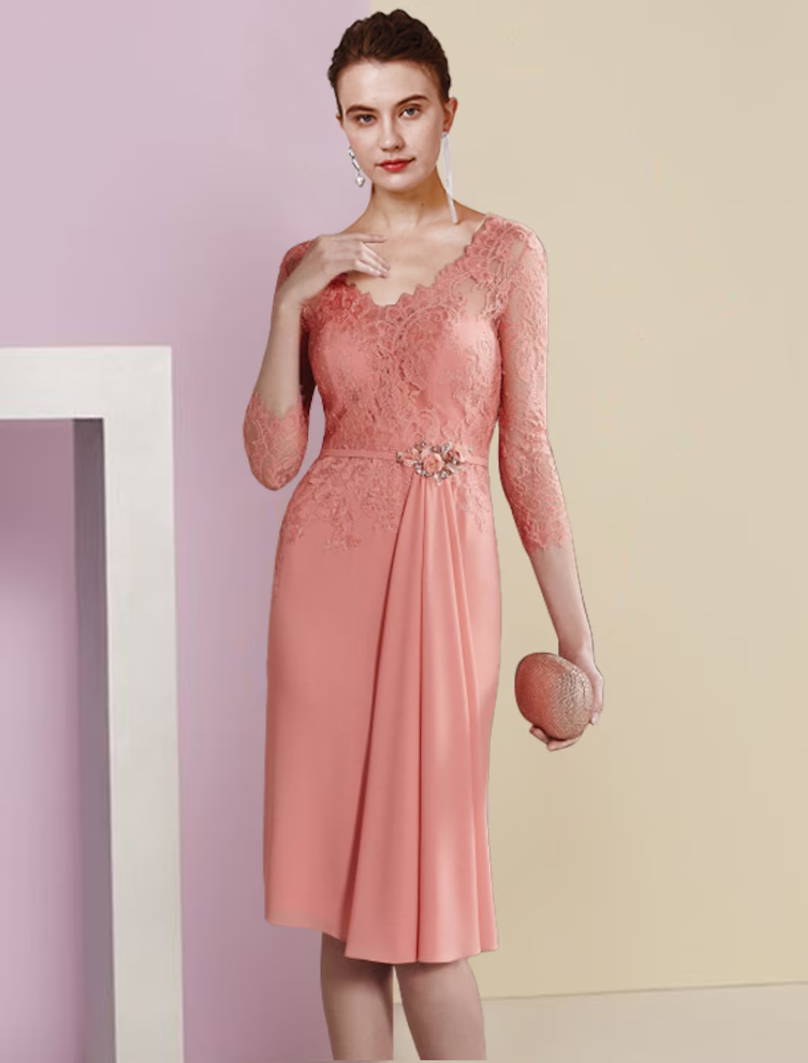 Two Piece Sheath / Column Mother of the Bride Dress Formal Wedding Guest Vintage Elegant V Neck Knee Length Chiffon Lace 3/4 Length Sleeve Jacket Dresses with Pleats Crystal Brooch