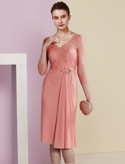 Two Piece Sheath / Column Mother of the Bride Dress Formal Wedding Guest Vintage Elegant V Neck Knee Length Chiffon Lace 3/4 Length Sleeve Jacket Dresses with Pleats Crystal Brooch