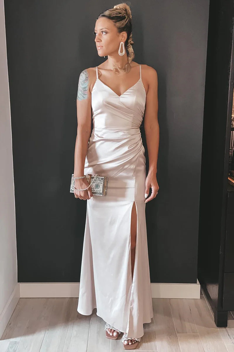 Bridesmaid Dress V-Neck Ruched Long with Slit