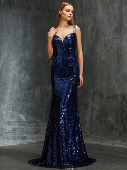 Sheath/Column V-neck Sleeveless Sweep/Brush Train Beading Sequins Dresses