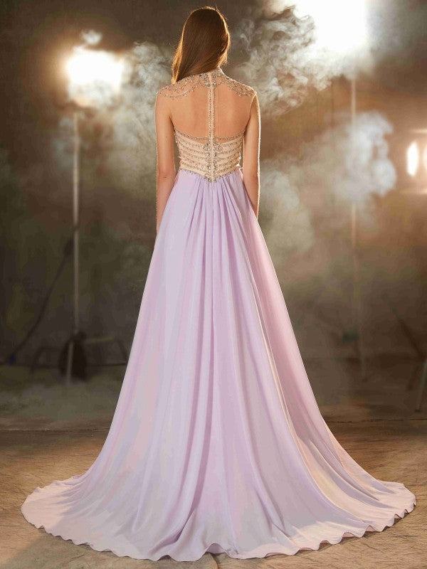 A-Line/Princess High Neck Sleeveless Sweep/Brush Train Crystal Chiffon Dresses