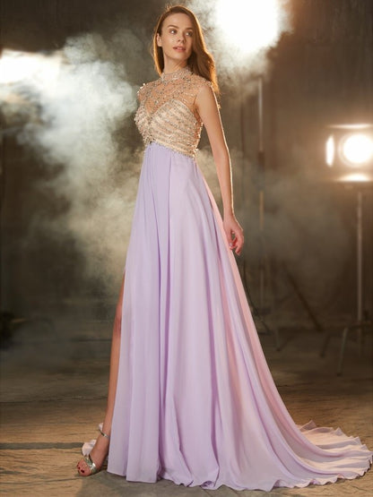 A-Line/Princess High Neck Sleeveless Sweep/Brush Train Crystal Chiffon Dresses