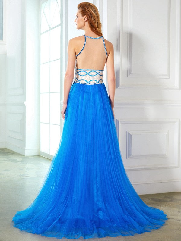 A-Line/Princess Jewel Beading Sleeveless Floor-Length Net Dresses