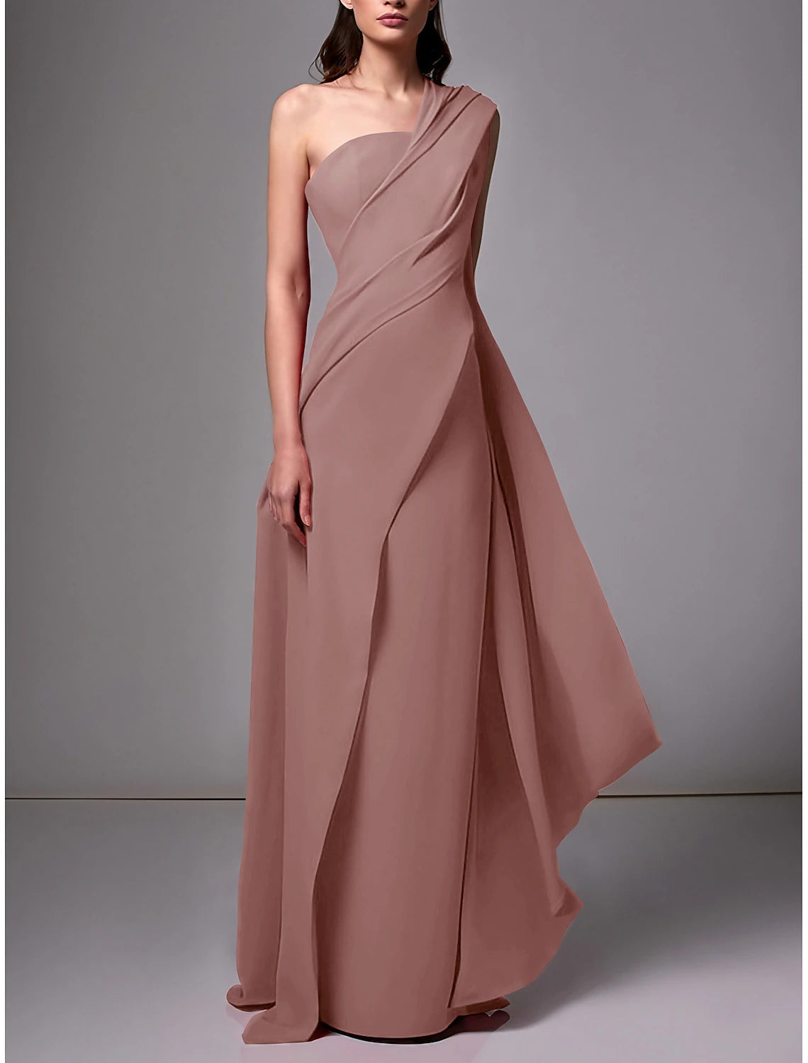 Gown Formal Wedding Guest Dress Elegant Formal Floor Length Sleeveless One Shoulder Stretch Chiffon with Ruched Evening Dress