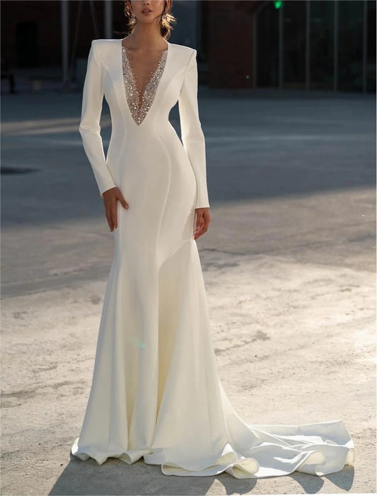 Formal Wedding Dresses Mermaid / Trumpet V Neck Long Sleeve Sweep / Brush Train Chiffon Bridal Gowns