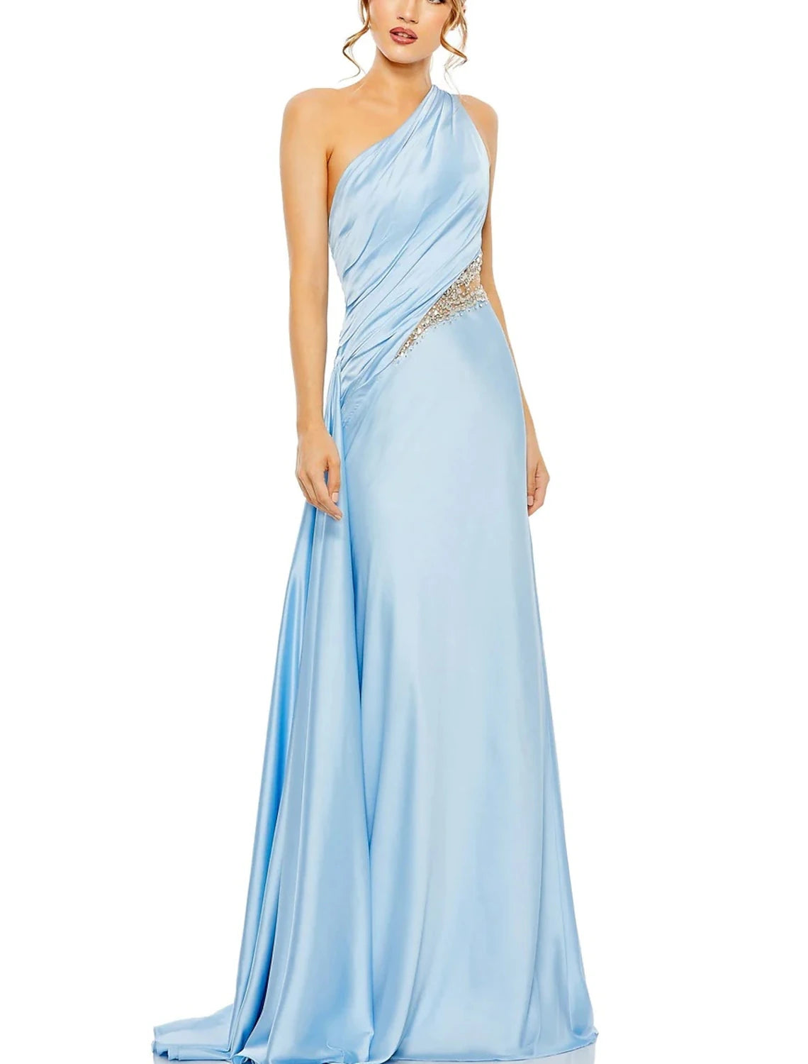 Gown Elegant Formal Floor Length Sleeveless One Shoulder Satin with Glitter Ruched Sequin Evening Dress