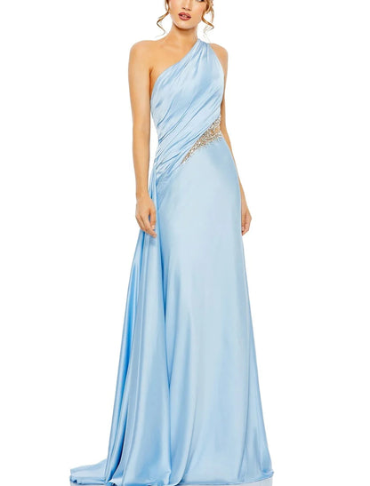 Gown Elegant Formal Floor Length Sleeveless One Shoulder Satin with Glitter Ruched Sequin Evening Dress