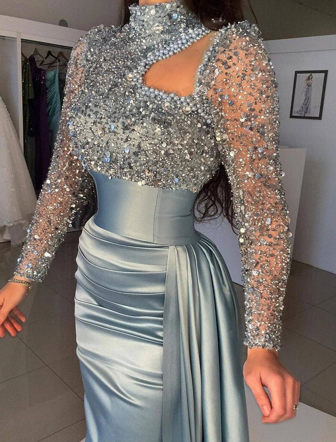 Mermaid Gown Elegant  Formal Train Long Sleeve High Neck Satin with Pearls Sequin Evening Dress