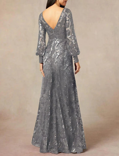 Formal Wedding Guest Elegant Jewel Neck Floor Length Chiffon Sequined Long Sleeve with Sequin Mother of the Bride Dress