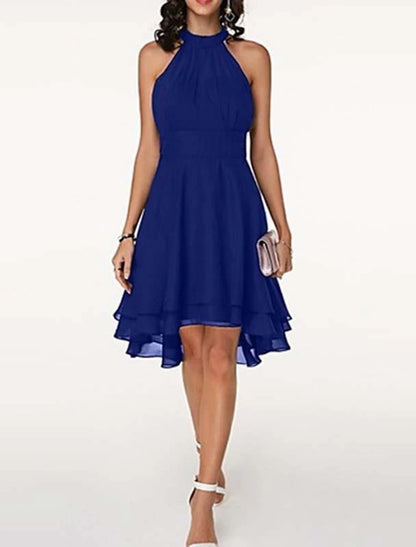 Wedding Guest Engagement Knee Length Sleeveless Neck Chiffon V Back with Sleek Tiered Party Dress