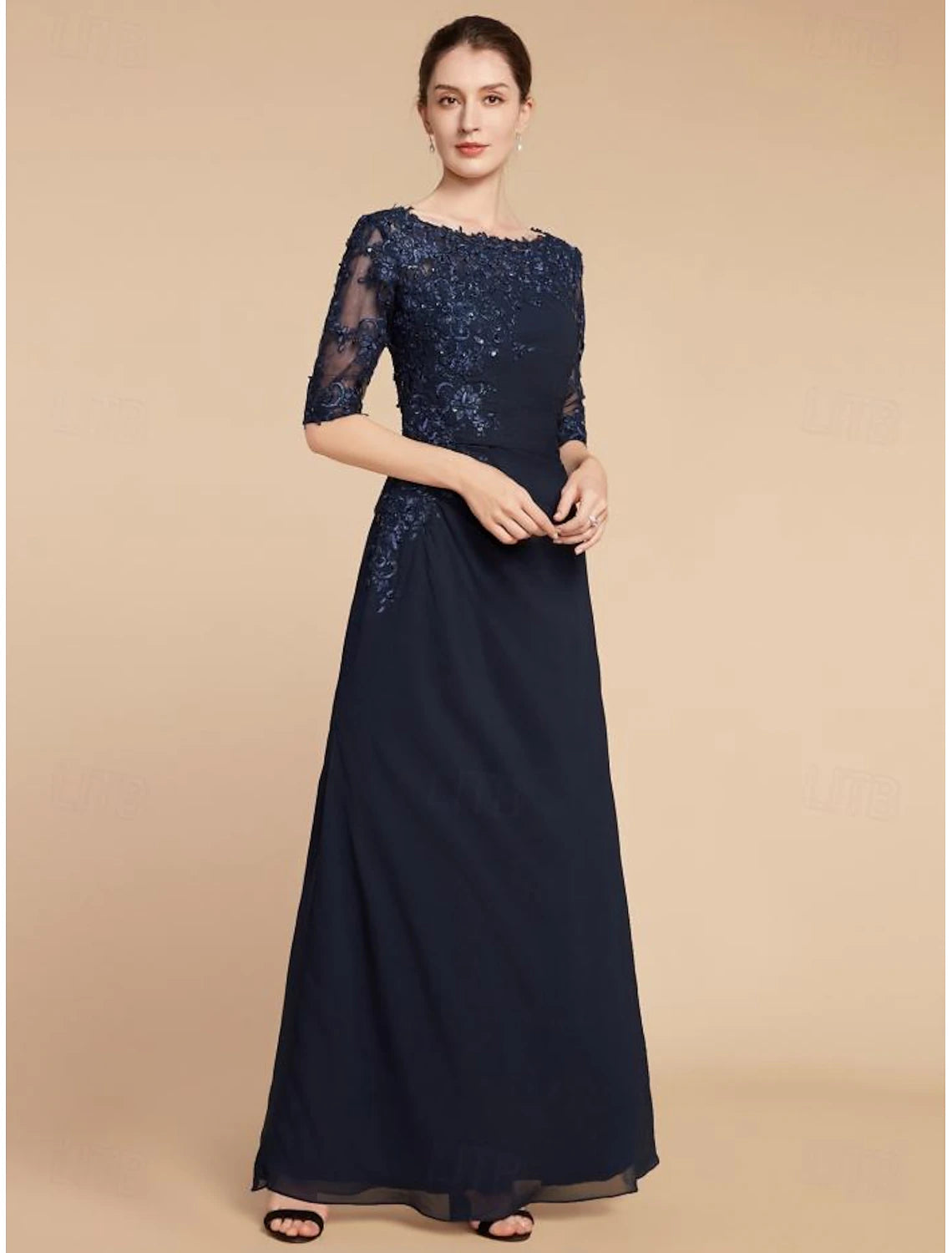 Column Wedding Guest Elegant Scoop Neck Ankle Length Chiffon Lace Half Sleeve with Sequin Solid Color Mother of the Bride Dress&nbsp;