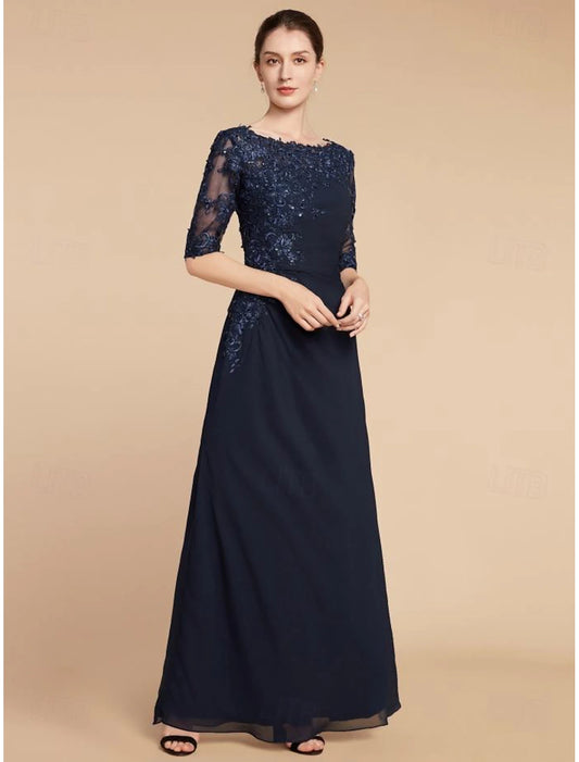 Column Wedding Guest Elegant Scoop Neck Ankle Length Chiffon Lace Half Sleeve with Sequin Solid Color Mother of the Bride Dress 