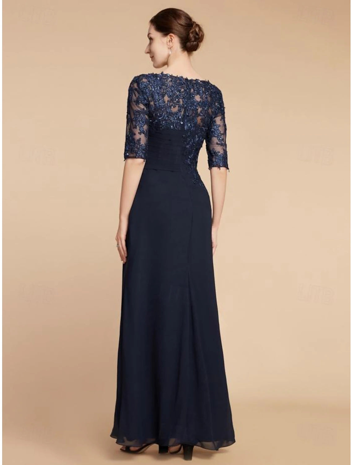 Column Wedding Guest Elegant Scoop Neck Ankle Length Chiffon Lace Half Sleeve with Sequin Solid Color Mother of the Bride Dress&nbsp;