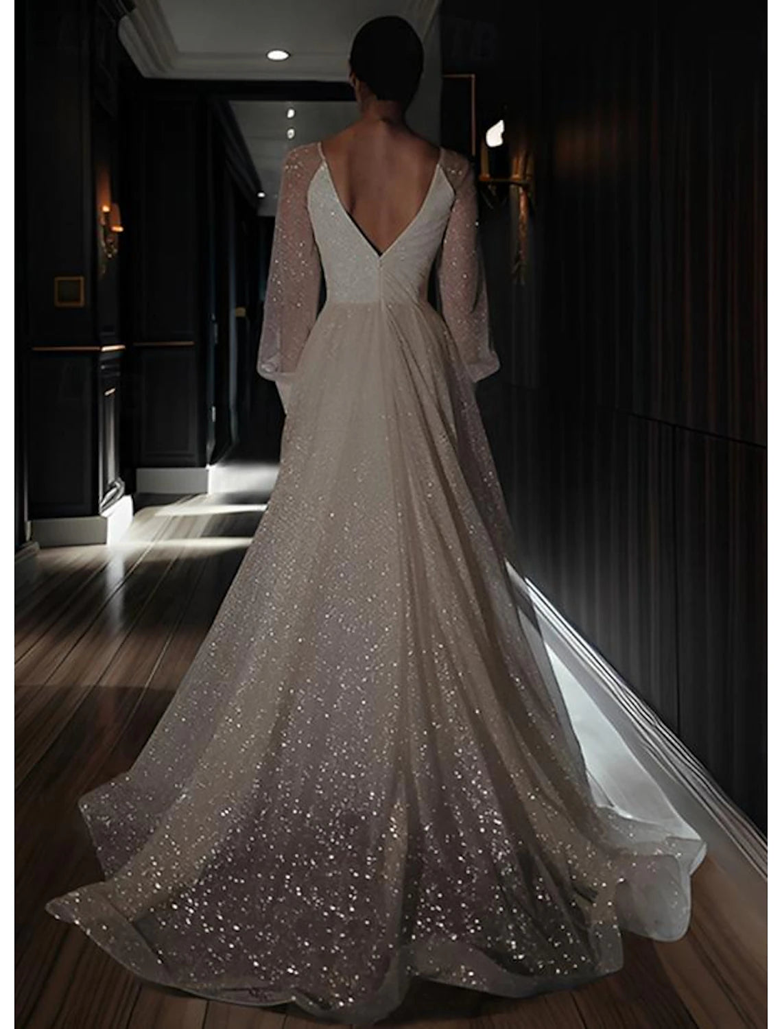 Beach A-Line V Neck Long Sleeve Floor Length Sequined Wedding Dresses Bridal Gowns