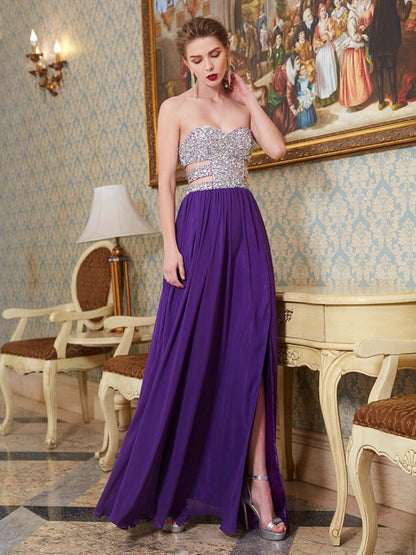 A-Line/Princess Sweetheart Crystal Sleeveless Floor-Length Chiffon Dresses