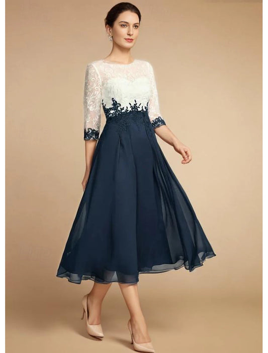 Wedding Guest Elegant Elegant Dress Vintage Jewel Neck Tea Length Chiffon Lace Half Sleeve with Lace Appliques Color Block Mother of the Bride Dress