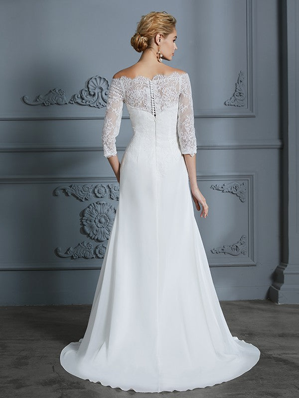 Trumpet/Mermaid 1/2 Sleeves Off-the-Shoulder Sweep/Brush Train Chiffon Wedding Dresses