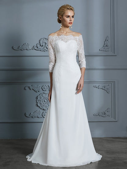 Trumpet/Mermaid 1/2 Sleeves Off-the-Shoulder Sweep/Brush Train Chiffon Wedding Dresses