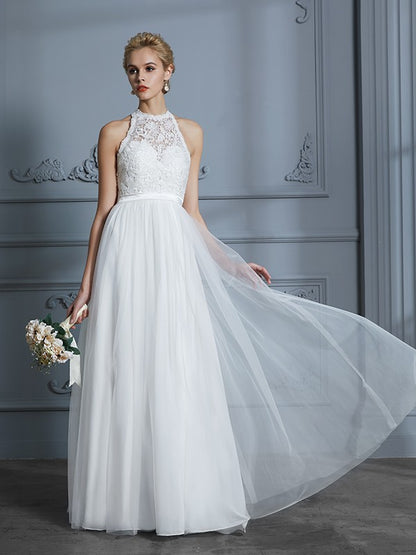 A-Line/Princess Scoop Sleeveless Tulle Floor-Length Wedding Dresses