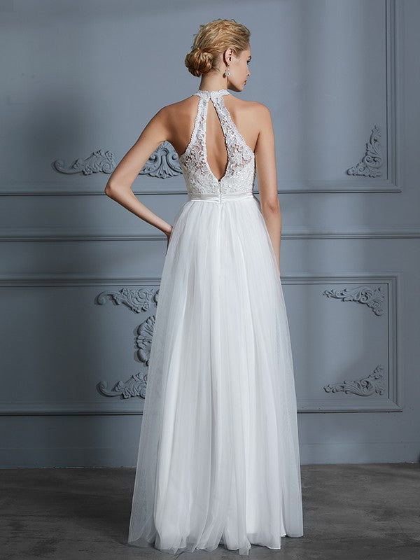 A-Line/Princess Scoop Sleeveless Tulle Floor-Length Wedding Dresses