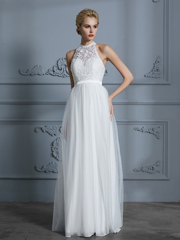 A-Line/Princess Scoop Sleeveless Tulle Floor-Length Wedding Dresses