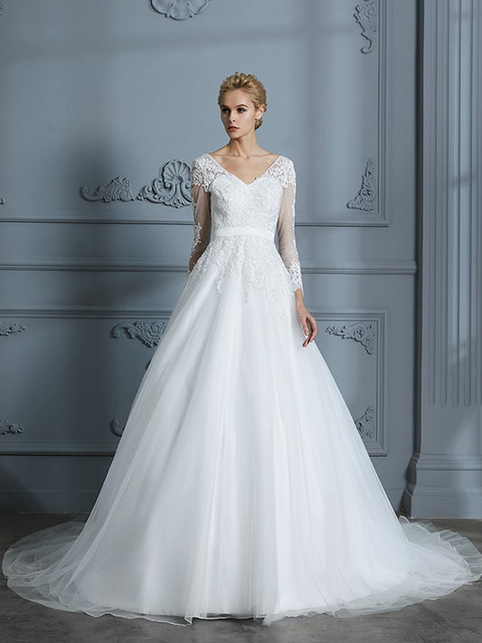 Ball Gown V-neck Long Sleeves Court Train Lace Tulle Wedding Dresses