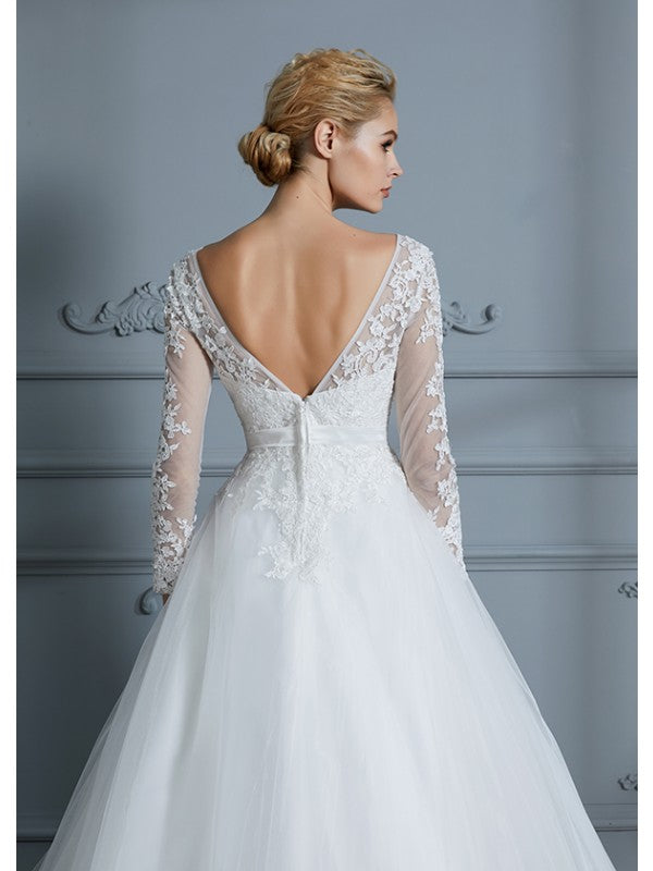 Ball Gown V-neck Long Sleeves Court Train Lace Tulle Wedding Dresses