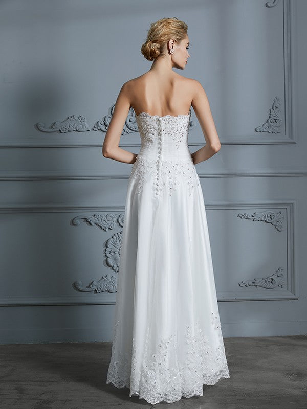 A-Line/Princess Sweetheart Sleeveless Beading Asymmetrical Tulle Wedding Dresses