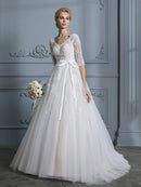 Ball Gown V-neck Court Train 1/2 Sleeves Lace Tulle Wedding Dresses