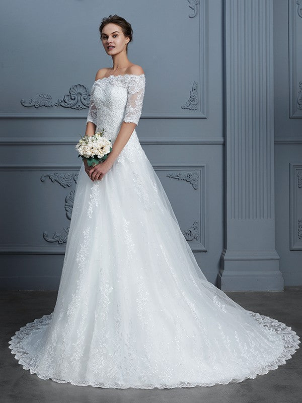 Ball Gown Off-the-Shoulder 1/2 Sleeves Beading Court Train Lace Wedding Dresses