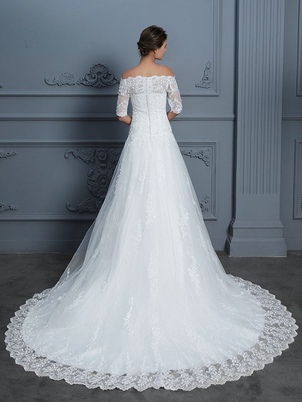 Ball Gown Off-the-Shoulder 1/2 Sleeves Beading Court Train Lace Wedding Dresses