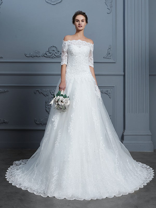 Ball Gown Off-the-Shoulder 1/2 Sleeves Beading Court Train Lace Wedding Dresses