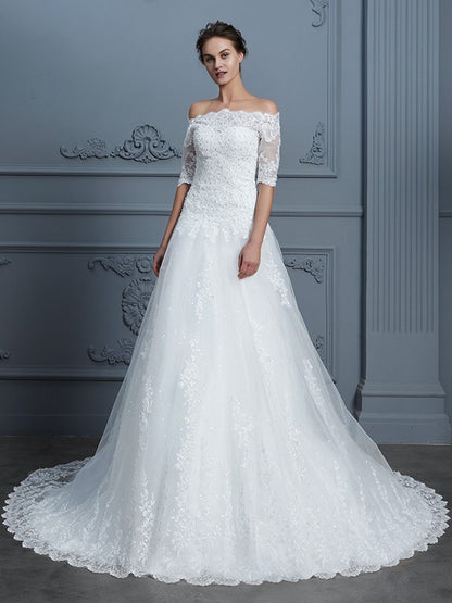 Ball Gown Off-the-Shoulder 1/2 Sleeves Beading Court Train Lace Wedding Dresses