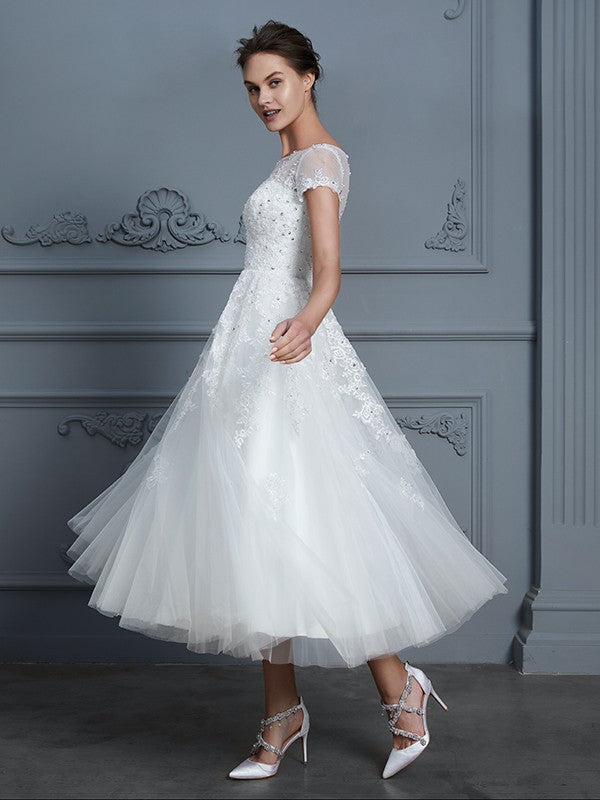 A-Line/Princess Scoop Short Sleeves Tea-Length Beading Tulle Wedding Dresses