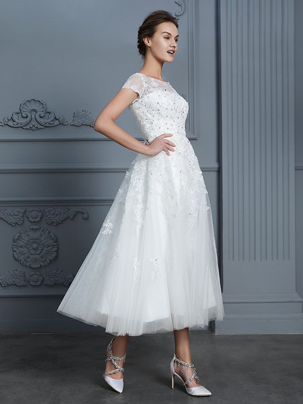 A-Line/Princess Scoop Short Sleeves Tea-Length Beading Tulle Wedding Dresses