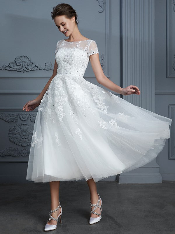 A-Line/Princess Scoop Short Sleeves Tea-Length Beading Tulle Wedding Dresses