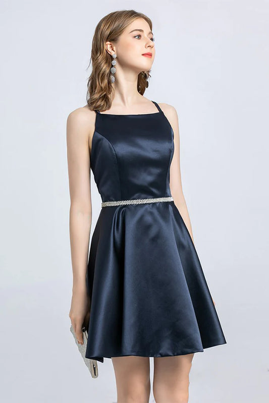 A-Line Spaghetti Strap Sleeveless Open Back Satin Homecoming Dress