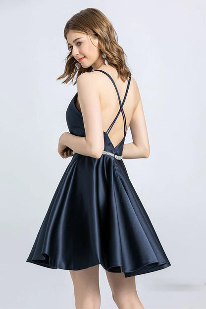 A-Line Spaghetti Strap Sleeveless Open Back Satin Homecoming Dress