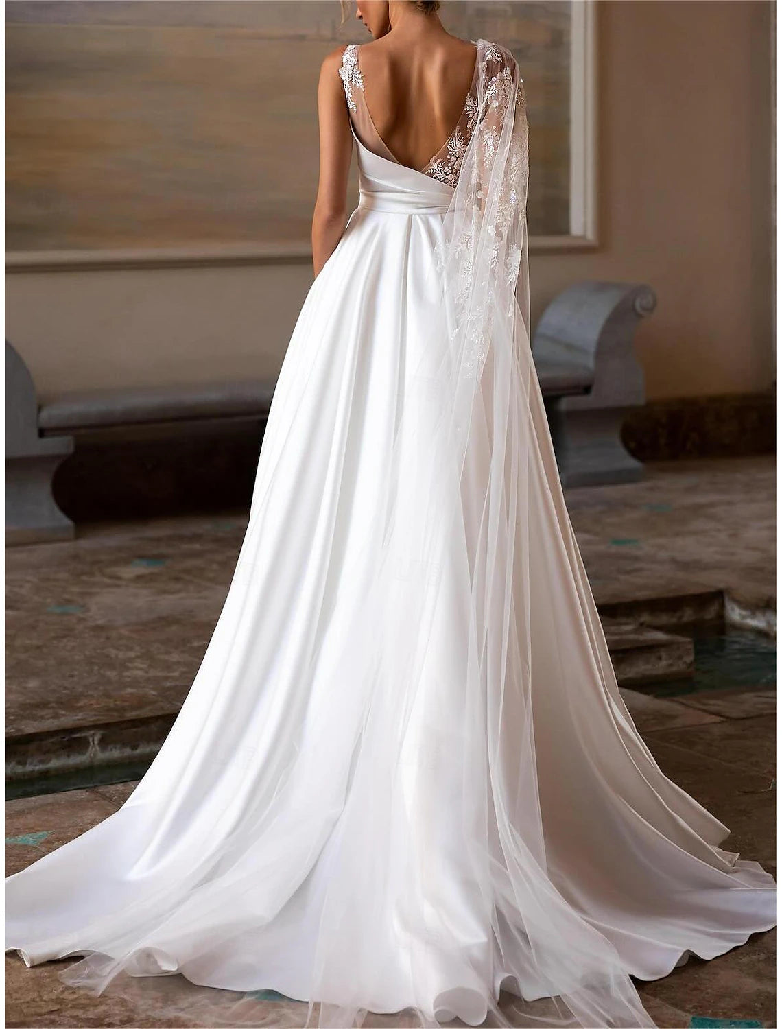 Off Shoulder Regular Straps Chapel Train Satin Bridal Gowns With Pleats Ruched Wedding Dresses