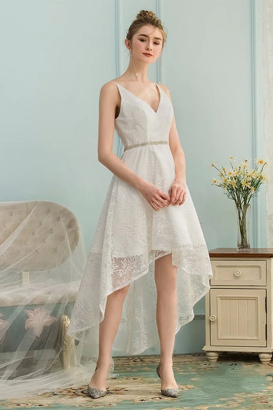 High Low V-Neck Asymmetrical Ivory Lace Homecoming Dress