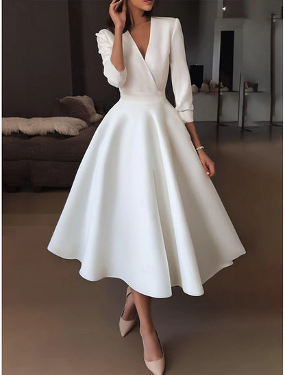 Simple Little White Dress A-Line V Neck Half Sleeve Tea Length Satin Wedding Dresses Bridal Gowns