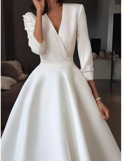 Simple Little White Dress A-Line V Neck Half Sleeve Tea Length Satin Wedding Dresses Bridal Gowns