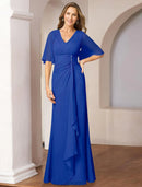 Trumpet Column Elegant V Neck Floor Length Chiffon Half Sleeve with Lace Ruched Mother of the Bride Dress