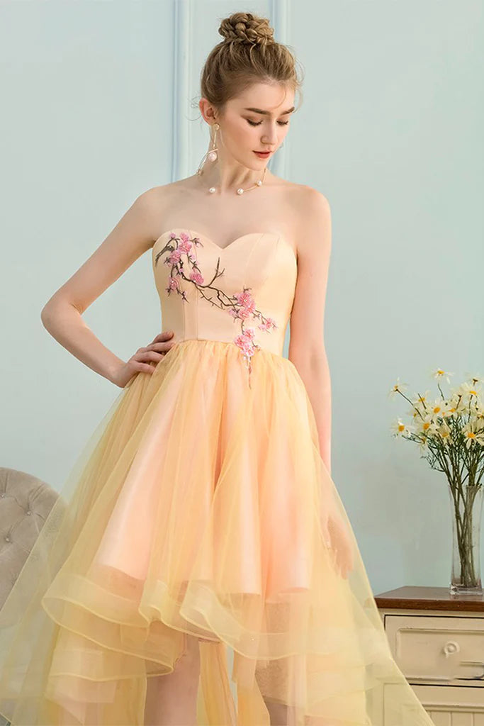 A-Line Sweetheart High Low Yellow Stretch Satin Homecoming Dress with Appliques