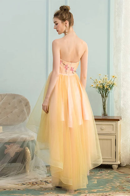 A-Line Sweetheart High Low Yellow Stretch Satin Homecoming Dress with Appliques