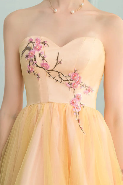 A-Line Sweetheart High Low Yellow Stretch Satin Homecoming Dress with Appliques