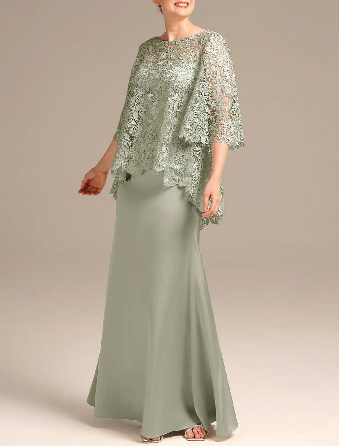 Elegant Wedding Guest Dress Jewel Neck Floor Length Satin Lace Half Sleeve with Embroidery Mother of the Bride Dress