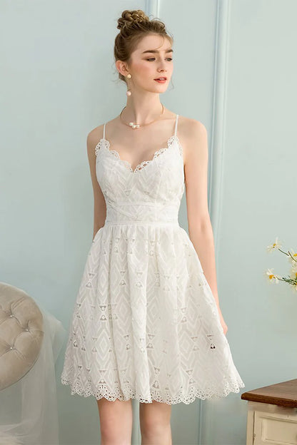 A-Line V-Neck Sleeveless Short White Lace Homecoming Dress